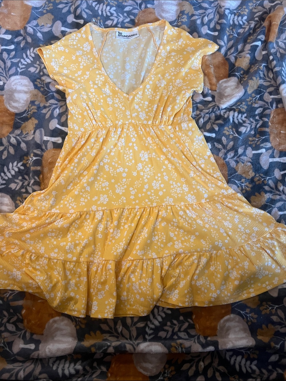 No Boundaries Yellow Ribbed Dress with White Floral Detail